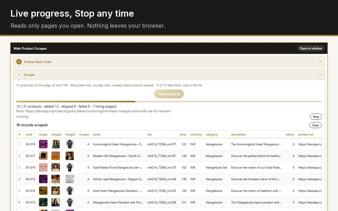 Scraping in progress: 12 of 31 products added, progress bar, Stop button and the rows collected so far