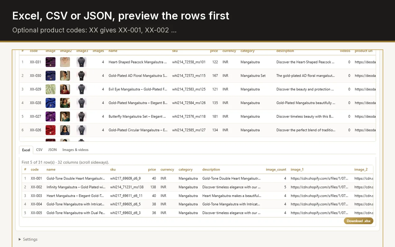 Excel export preview in the Web Product Scraper sidebar: the first five product rows with code, name, SKU, price and image URLs