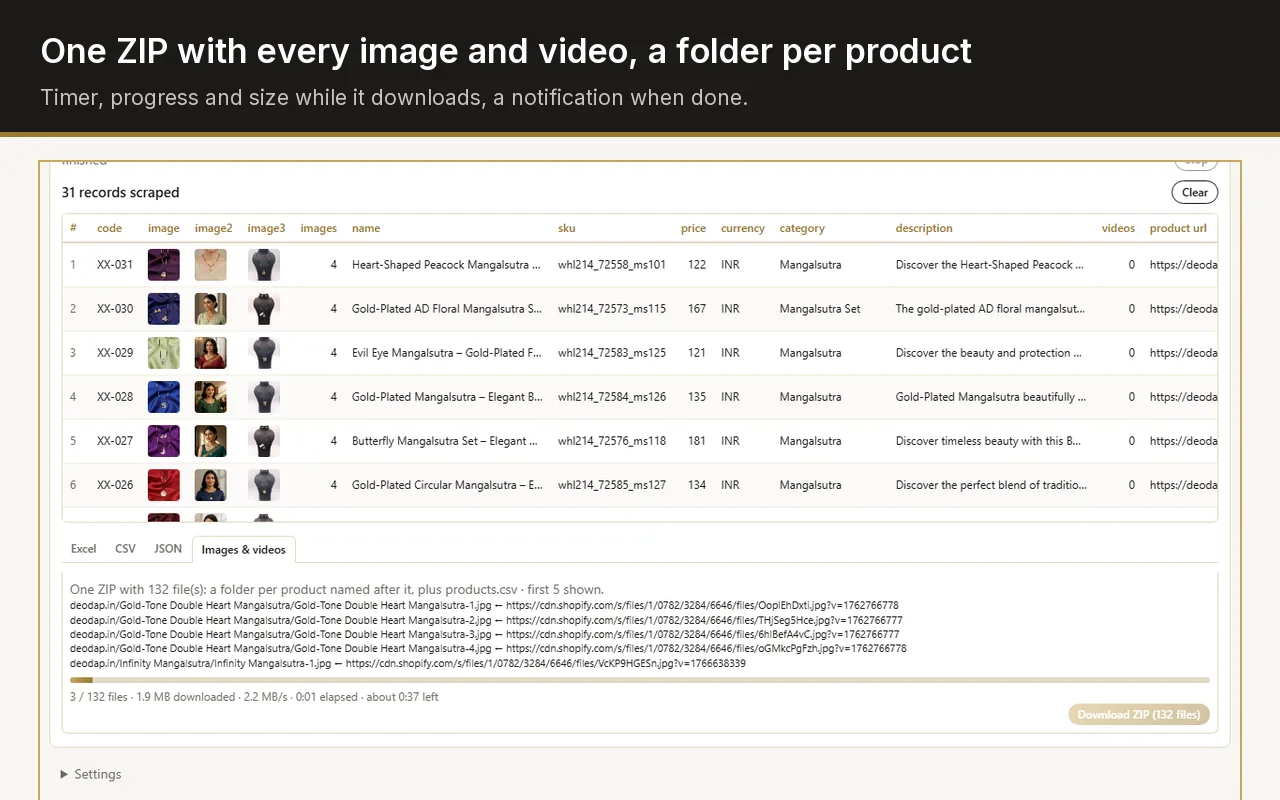 Media ZIP download in progress: file list with a folder per product, progress bar, timer and downloaded size